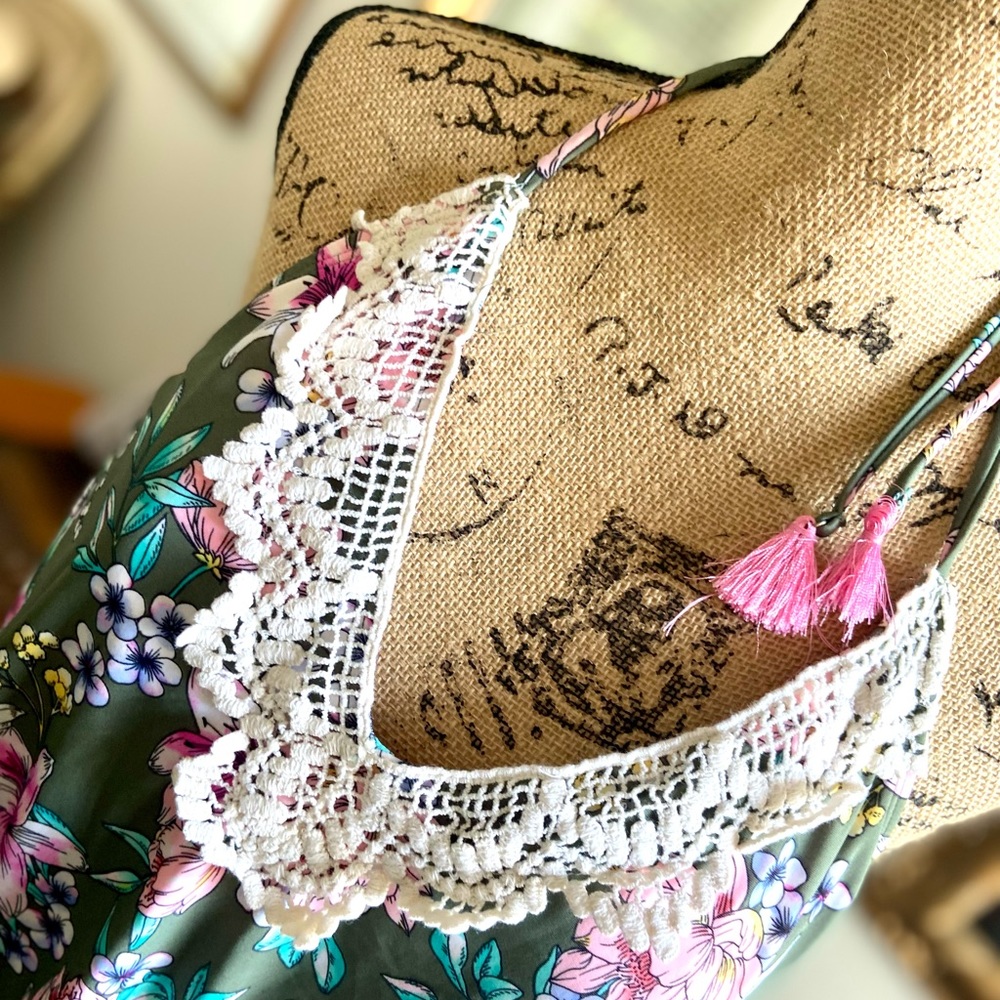 Hula Honey Green & Pink Tropic Romance Floral-Print Halter styled one piece. - Picture 7 of 9